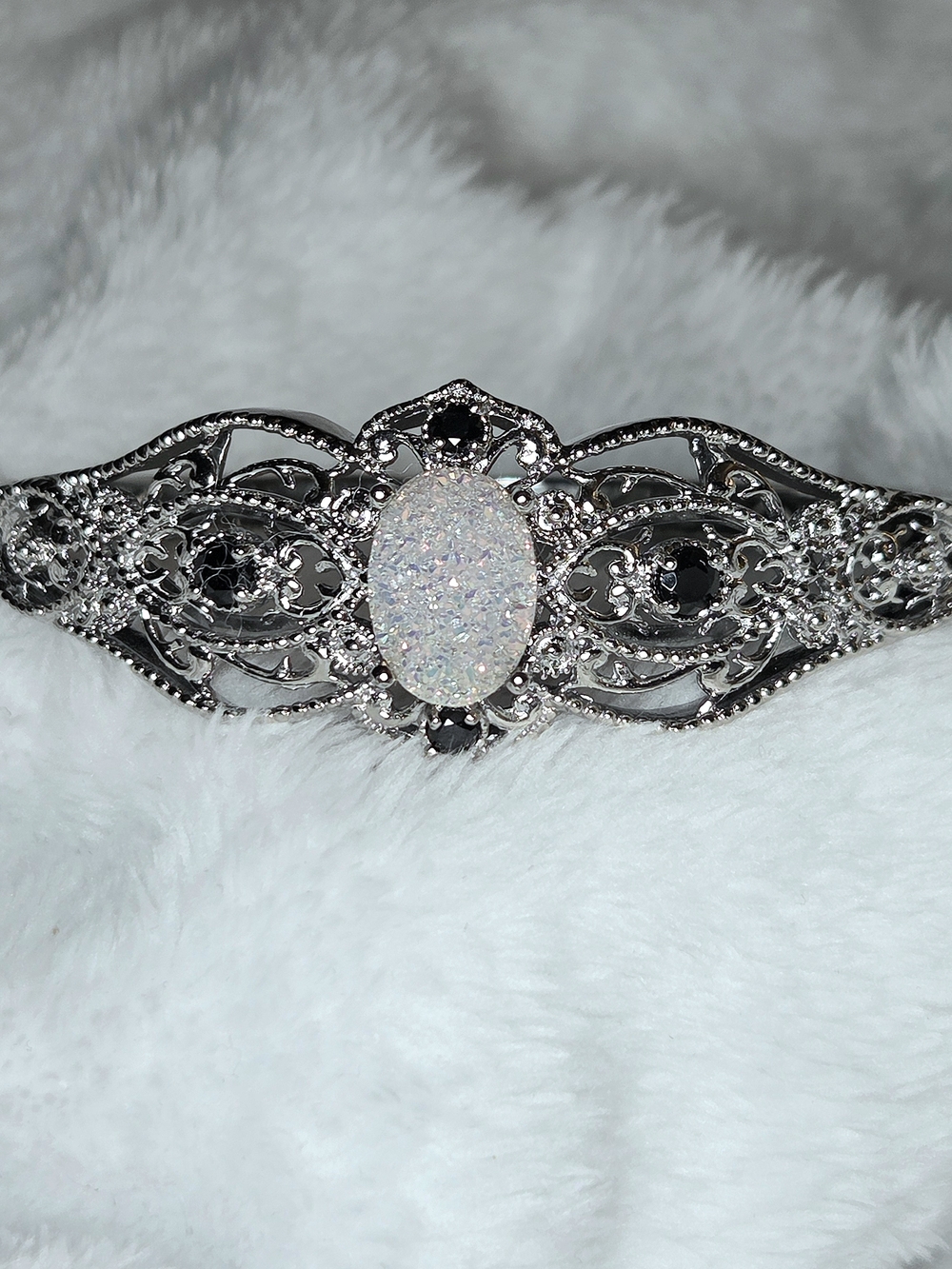 Silver Filigree Bracelet with Sparkling White Druzy Center